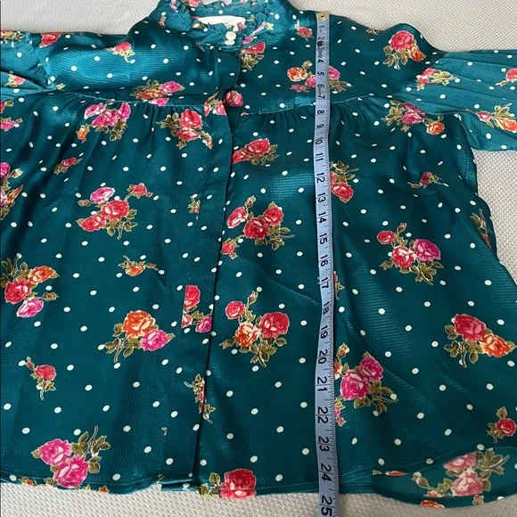Anthropologie Teal Floral Blouse Pink Floral Print & Polka Dots Size Medium - Picture 7 of 10